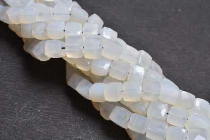 8" Strand White Chalcedony Faceted Cube Gemstone Beads, Natural Chalcedony Indian Cut 3D Cube Box Center Drill Bead Chalcedony Beads Jewelry