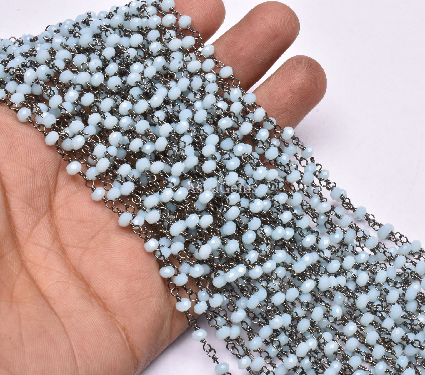AAA Aqua Chalcedony Hydro Faceted Rondelle Shape Beads Rosary Chain Black Plated Gunmetal Wire 3 mm Beaded Chain Jewelry Making Crafts SALE