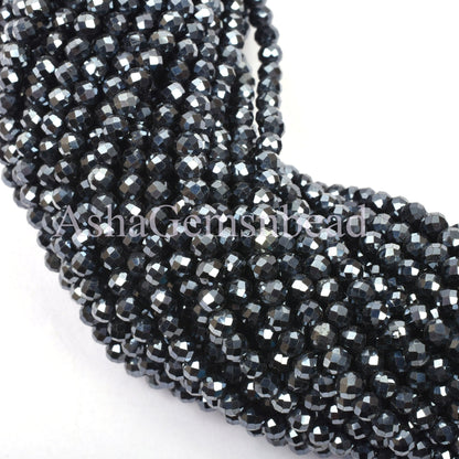 3.2 mm AAA Black Spinel Silver Coated Faceted Rondelle Shape Beads,13" Strand Black Spinel Beads, Natural Spinel Machine Cut Gemstone Beads