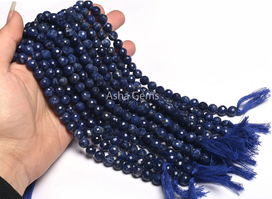 8mm Fine Blue Sodalite Faceted Round Shape Beads, Natural Blue Sodalite Indian Cut Round Ball Gemstone Beads, Sodalite Bead Jewelry Necklace
