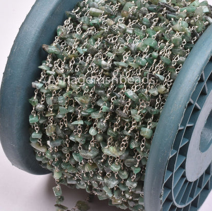 Natural Green Malachite Uncut Chip Beads Rosary Chain Silver, Gold Plated Wire Bulk roll chain Wholesale Beaded Rosary For Necklace Jewelry