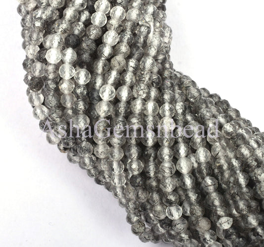 AAA Quality Black Rutile Faceted Micro Cut Beads,2.5mm Natural Rutilite Machine Cut Rondelle Gemstone Beads,13" Rutile Bead Necklace Jewelry
