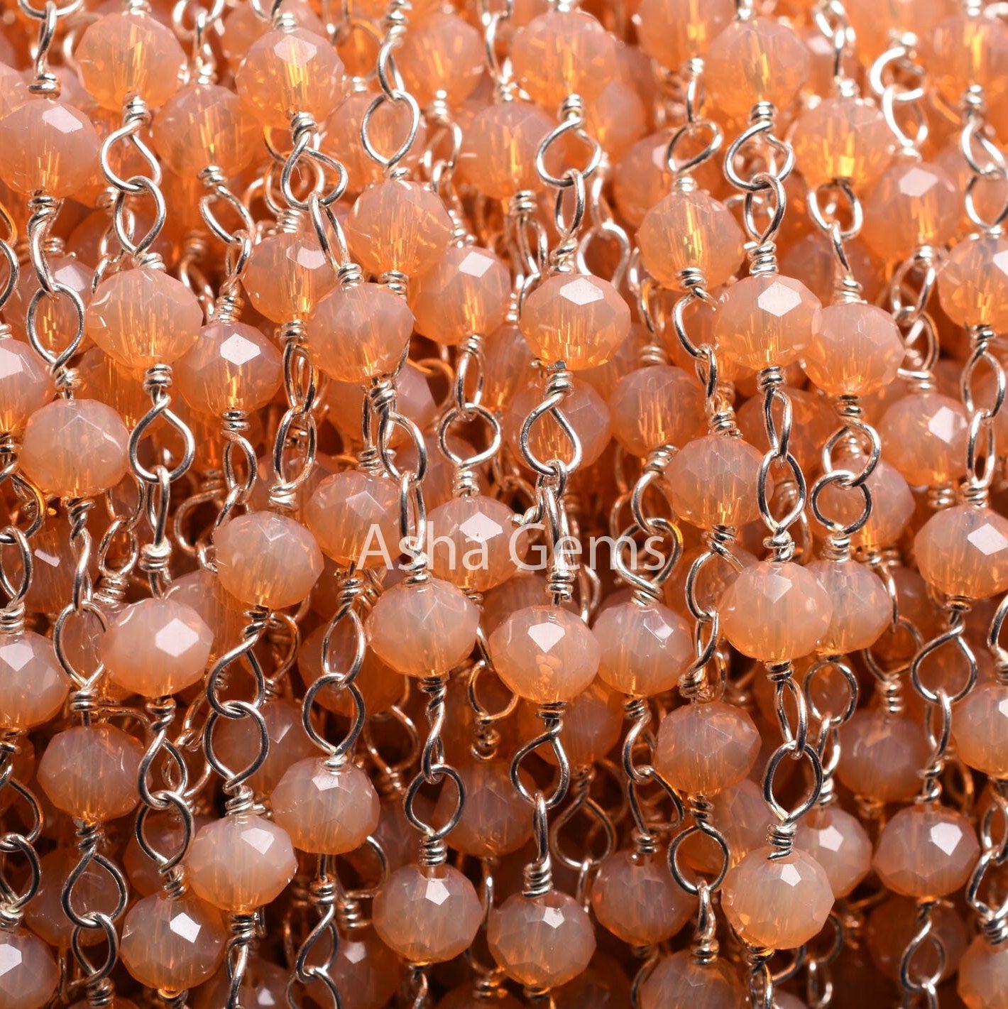 4 mm Peach Moonstone Hydro Faceted Rondelle Beads Rosary Chain By Foot Bulk Silver Plated Wire Wrapped Jewelry Necklace Making Crafts Chain