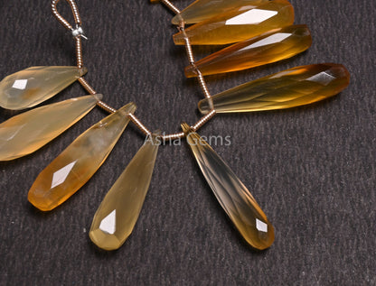 Fine Yellow Chalcedony Fancy Pencil Drop Shape Faceted Beads, Shaded Yellow Chalcedony Long Teardrop Briolette Gemstone Bead Jewelry Makings