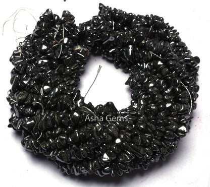 34 inch Natural Gun Metal Uncut Chips Raw Gemstone Beads Gunmetal Rough Smooth Nugget Beads, AAA Black Gun metal, Hematite Beads Raw Stones