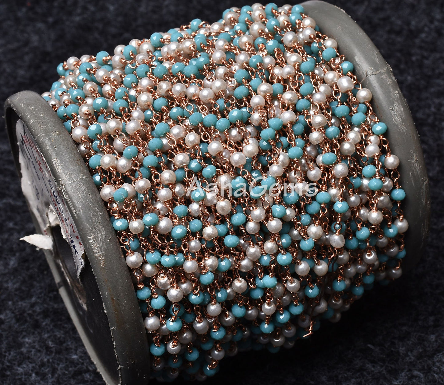 Beautiful Pearl, Blue Turquoise Hydro Rondelle Beads Rosary Chain Multi Color Beaded Rose Gold Plated Wire Roll Chain Jewelry Making Crafts