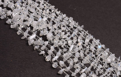 Natural Rainbow Moonstone Uncut Chips Beads Rosary Chain Silver,Gold Plated Wire Bulk Roll Beads Chain Jewelry Making Tiny Nugget Bead Chain