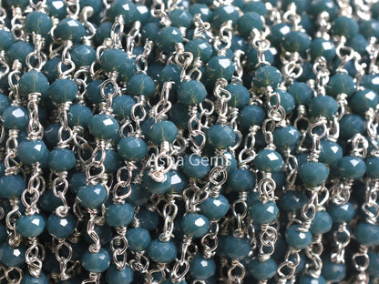 1,5,25, Ft Chain, Light Neon Blue Apatite Hydro Silver Plated Rosary Chain, Faceted Micro Cut Beads Chain Wire Bulk Finding Chain Jewelry