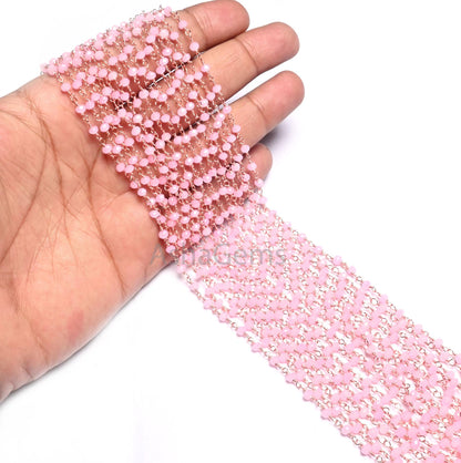 Beautiful Pink Rose Quartz Hydro Faceted Rondelle Beads Chain Bulk Roll Rosary Chain Rose Gold Plated Copper Wire Wrapped Chain Jewelry SALE