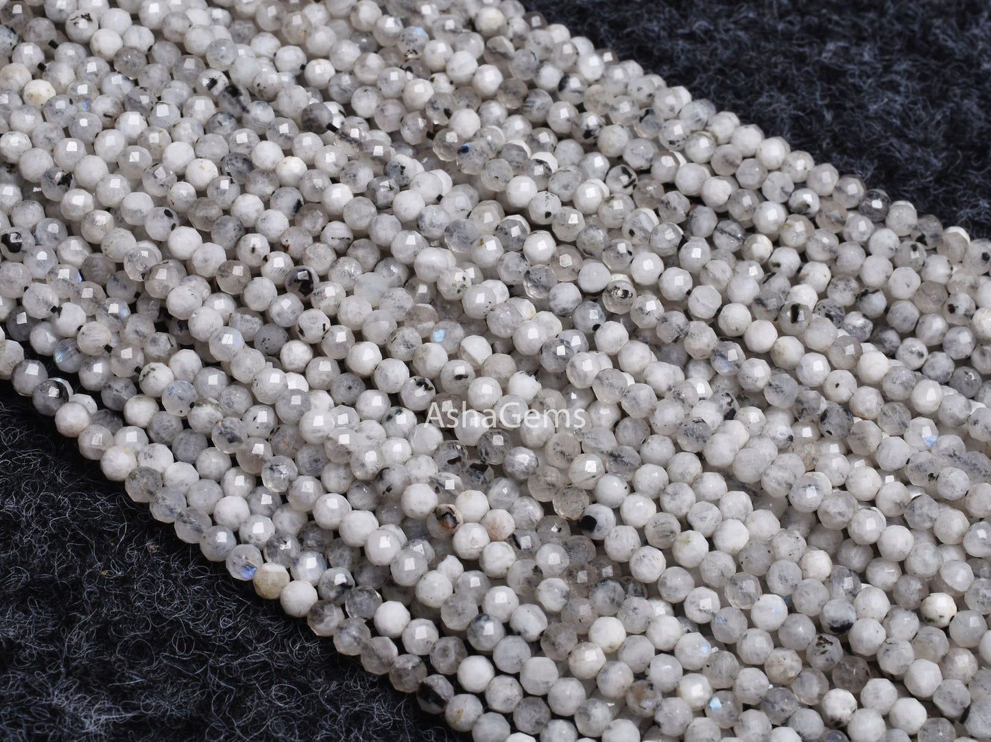 3 mm Rare Moss rainbow Moonstone Faceted Rondelle Beads, Natural Black Dot White Rainbow Machine Cut Gemstone Beads, Blue Fire Rainbow Beads