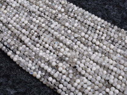 3 mm Rare Moss rainbow Moonstone Faceted Rondelle Beads, Natural Black Dot White Rainbow Machine Cut Gemstone Beads, Blue Fire Rainbow Beads