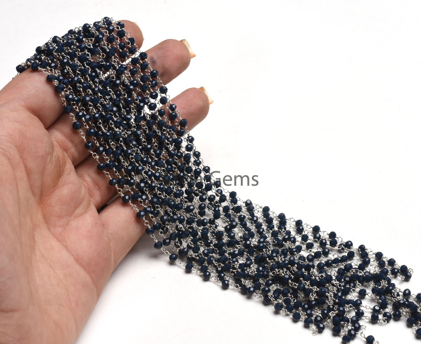 1,3,5,10 Ft Blue Sapphire Hydro Faceted Rondelle Beaded Rosary Chain,Silver,Black Plated Wire,Jewelry Making Chain 3-3.5mm,Bulk Crafts Chain
