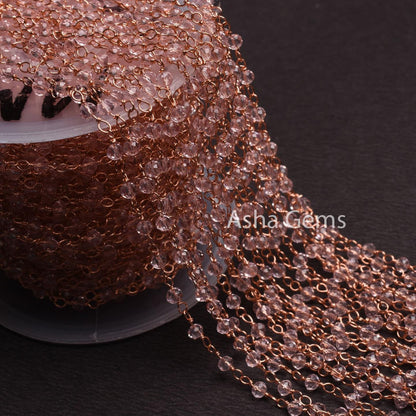 Beautiful Light Pink Quartz Hydro Faceted Rondelle Beads Rosary Chain Rose Gold Plated Copper Wire Wrap handmade Beaded Chain Jewelry Making