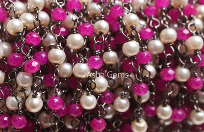 Beautiful Pearl Pink Chalcedony Hydro Beads Rosary Chain, Black Plated Wire Wrap Faceted Rondelle Beaded Chain handmade Jewelry making Craft