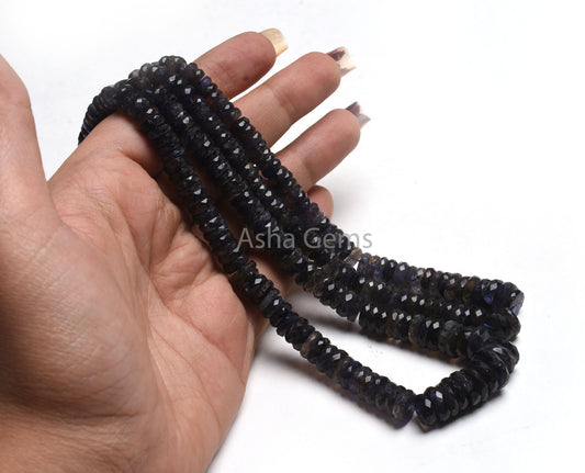 Genuine Blue Iolite Faceted Tyre Shape Beads, Graduation Size Iolite Beads Strand 18" Fine Quality Iolite Indian Cut Flat Tyre Gemstone Bead