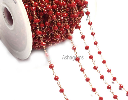 1,3,5,10,25 Feet Red onyx Hydro Faceted Rondelle Beaded Rosary Chain Rose Gold Plated, Finding,Wire Wrapped Chain Jewelry Making DIY Chain