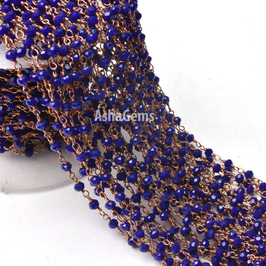 Beautiful Blue Lapis Hydro Rondelle Faceted Beads Rosary Chain,3 mm Rose Gold Plated Copper Wire Wrap Beaded Handmade Chain Jewelry makings