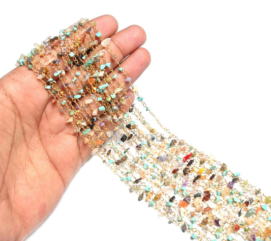 1,3,5,10 Feet Chain Natural Gemstone Multi Color Beads Rosary Chain Gold Plating Wire Disco Uncut Chip Beaded Rosary Chains Finding Jewelry