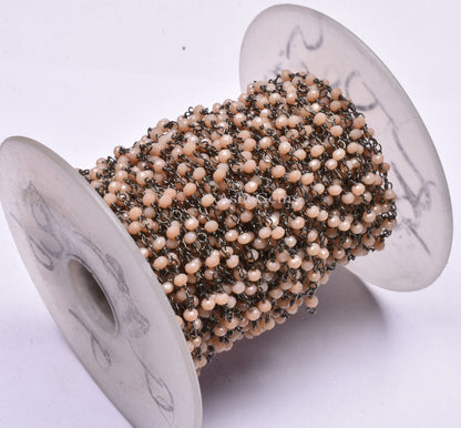3,5,10,25 Foot,Peach Moonstone Hydro Rondelle Faceted Beaded Rosary Chain Black Metal Plated Wire,Jewelry Making,Finding,3-3.5mm,Bulk Chain