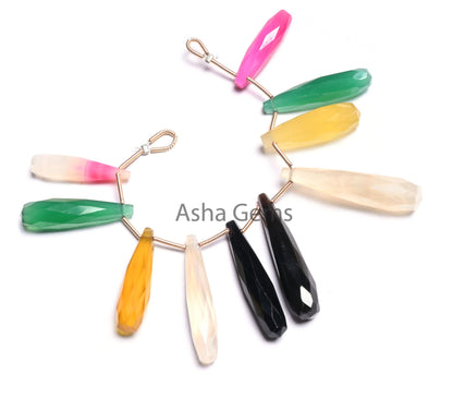 Fine Multi Color Chalcedony Fancy Pencil Drop Faceted Beads,6-34mm Disco Chalcedony Long Teardrop Gemstone Side Drill Briolette Bead Jewelry