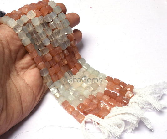 Beautiful AAA moonstone faceted Cube Box Beads, Natural Multi Moonstone Box Gemstone beads,8" Strand White Pink Shaded Moonstone cube Beads