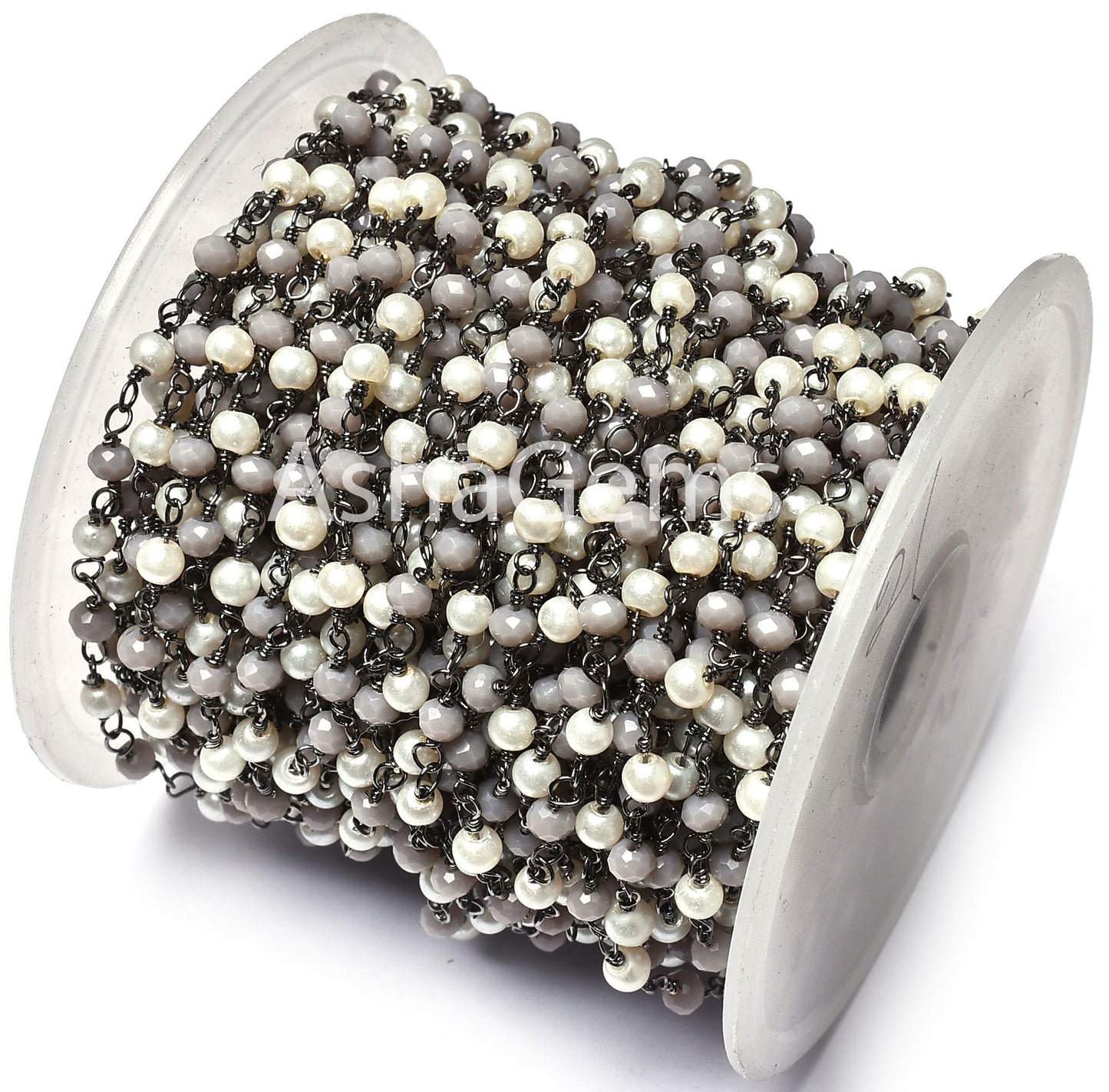 Fine White Pearl, Grey moonstone Hydro Beads Rosary Chain, Multi Color Rondelle Beaded Chain Black Plated Wire Wrap Gunmetal Chains Jewelry