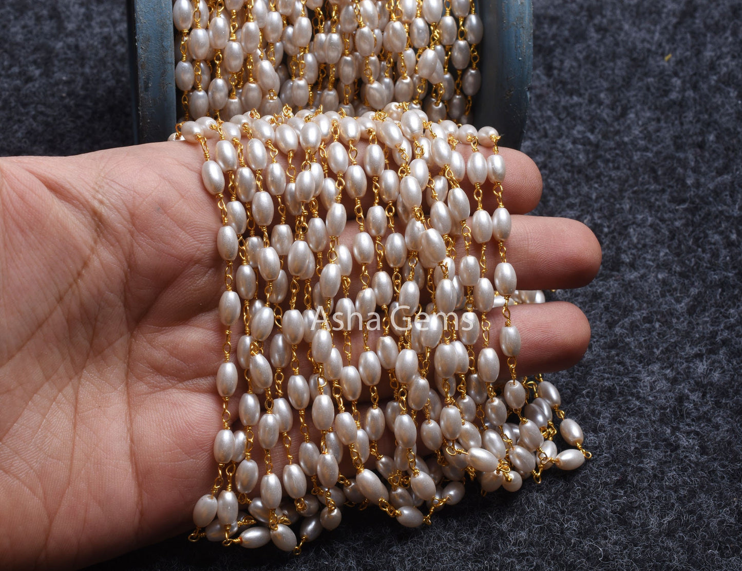 White Rice Pearl Hydro Smooth Beaded Rosary Chain 1,3,5,25 Ft White Pearl Gold Plated Wire Chain 4.5x7 mm Size Beads Wire Wrapped Chain