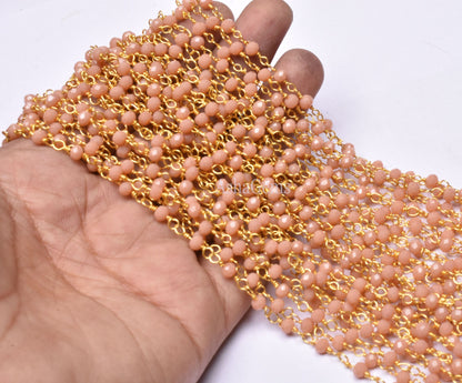 AAA Peach Moonstone Hydro Faceted Rondelle Beads Rosary Chain Gold Plated Wire Wrap Beaded handmade Chain Rosary Jewelry making Necklace 3mm