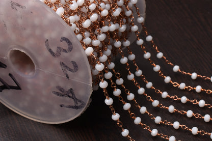 White Agate Hydro Rondelle Faceted Beads Rosary Chain,3.5 mm Rose Gold Plated Copper Wire Wrap handmade Beaded Chain Jewelry Making Necklace