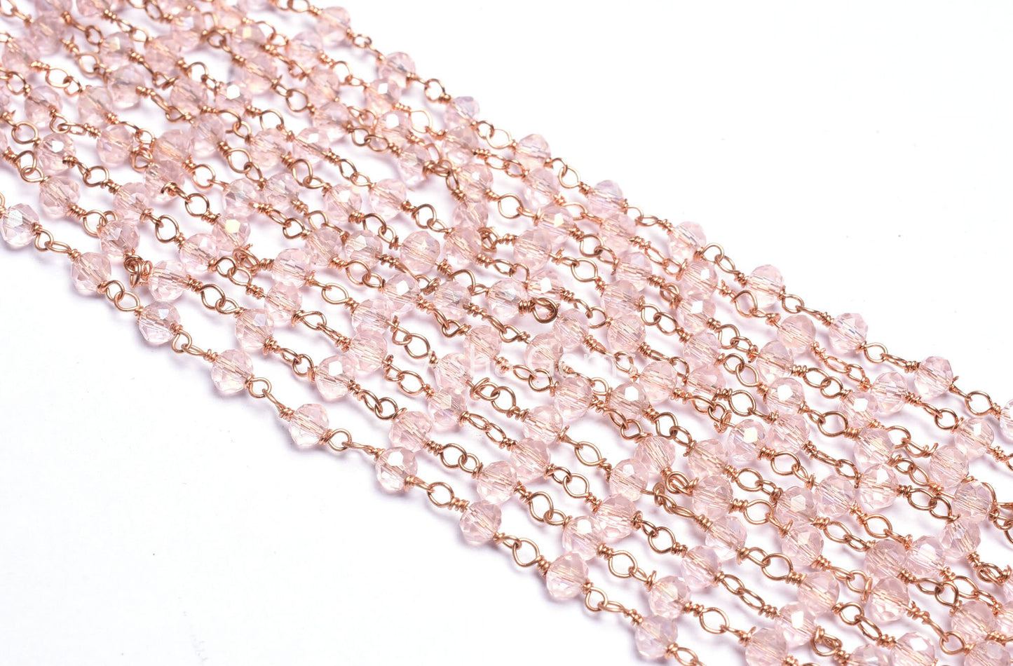 Beautiful Pink Rose Quartz Hydro Faceted Beads Rosary Chain Rose Gold Plated Copper Wire Wrap Beaded Rondelle Chain Rosary Jewelry Craft 3mm