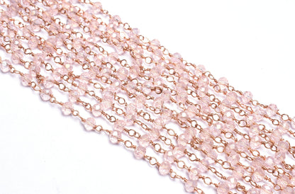 Beautiful Pink Rose Quartz Hydro Faceted Beads Rosary Chain Rose Gold Plated Copper Wire Wrap Beaded Rondelle Chain Rosary Jewelry Craft 3mm