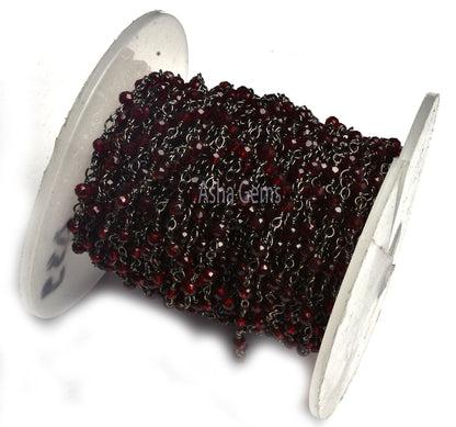 3,10,50 Feet Bulk Roll Garnet Micro Cut Faceted Beads Rosary Chain Gunmetal Rondelle Beaded Chain Black Plated Wire Wrap Chain Jewelry Craft