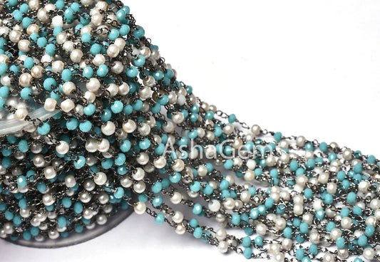 Rosary Chain Pearl, Blue Turquoise Hydro Rondelle Beads Rosary Chain Multi Color Black Plated Gunmetal Wire Wrap Beaded Chain Jewelry Crafts
