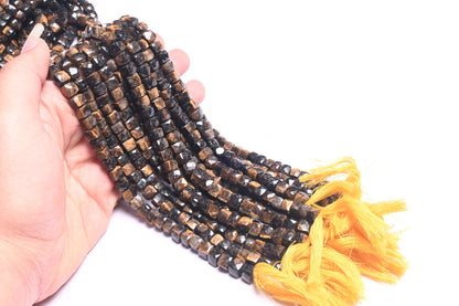 Beautiful Tiger Eye Faceted 3D Cube Box Gemstone Beads, Natural Tiger Eye Cube Shape Indian Cut Box Beads, Tiger Eye Bead Jewelry Craft SALE