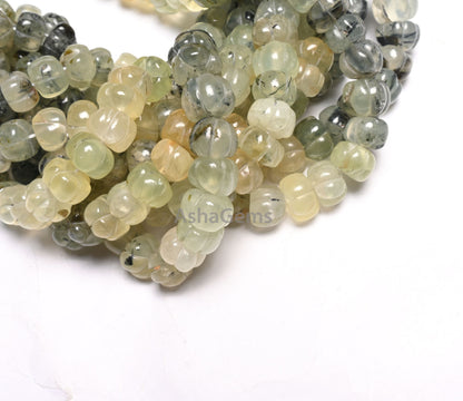Shaded Moss Green Prehnite Carving Watermelon Beads, natural Moss Prehnite handmade Uneven Carve Pumpkin Gemstone Melon Beads Jewelry Crafts