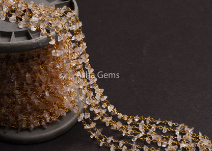 Natural Pink Rose Quartz Uncut Chips Beads Rosary Chain Gemstone Nugget Gold Plated Wire Wrap Beaded Chain By Foot, Jewelry Making Necklace