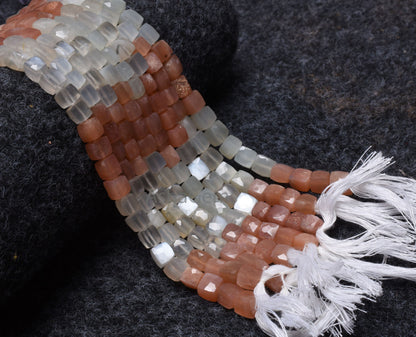 Beautiful AAA moonstone faceted Cube Box Beads, Natural Multi Moonstone Box Gemstone beads,8" Strand White Pink Shaded Moonstone cube Beads