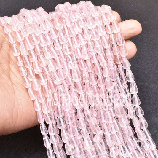 Pretty Pink Rose Quartz Smooth Drops Shape Beads, Natural Rose Quartz Teardrop,14"Strand Rose Quartz Straight Drill Drops handmade Bead SALE