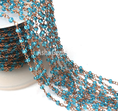 3,10,50 Feet Blue Topaz Hydro Faceted Rondelle Beads Rosary Chain Rose Gold Plated Copper Wire Wrapped Jewelry Making Chain Rosary Necklace