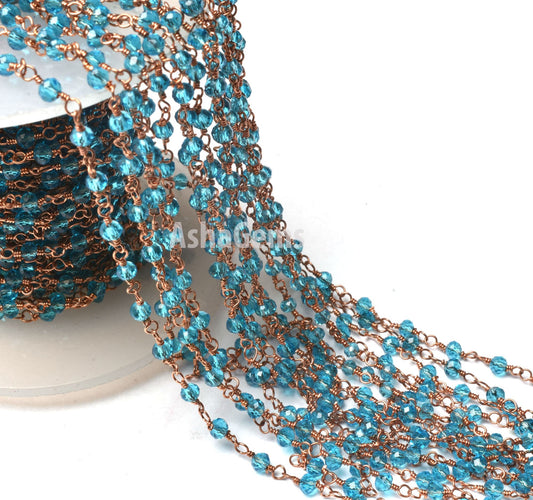 3,10,50 Feet Blue Topaz Hydro Faceted Rondelle Beads Rosary Chain Rose Gold Plated Copper Wire Wrapped Jewelry Making Chain Rosary Necklace