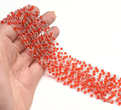 Beautiful Cherry Red Quartz Hydro Faceted Rondelle Beads Rosary Chain Silver Plated Wire Beaded Chain 1,5,10,50 Ft Bulk Supply Jewelry Chain
