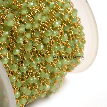 Beautiful Green Quartz Hydro Faceted Rondelle Beads Rosary Chain By Foot,3mm Gold Plated Wire Wrap Jewelry making Handmade Rosary Chain SALE