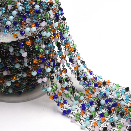 Fine Multi Disco Color Hydro Rondelle Faceted Beads Rosary Chain Black Plated Gunmetal Wire Beaded Handmade Chain Rosary Jewelry Making SALE