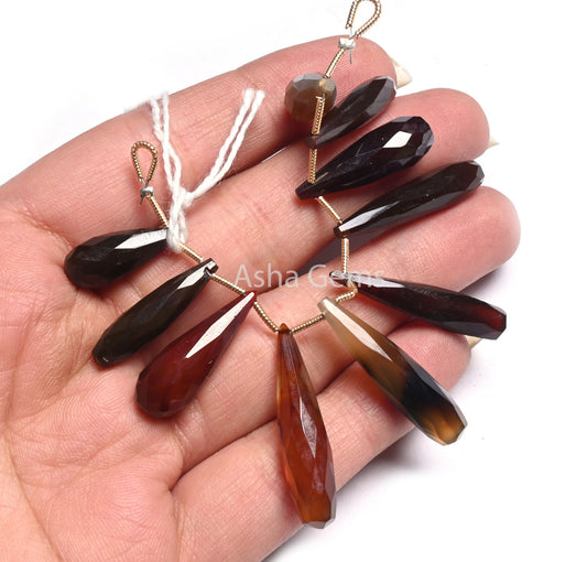 Multi Dark Brown Chalcedony Long Teardrop Beads,6-30 mm Fine Shaded Chalcedony Fancy Pencil Teardrop Gemstone Beads Both Side Loop Jewelry