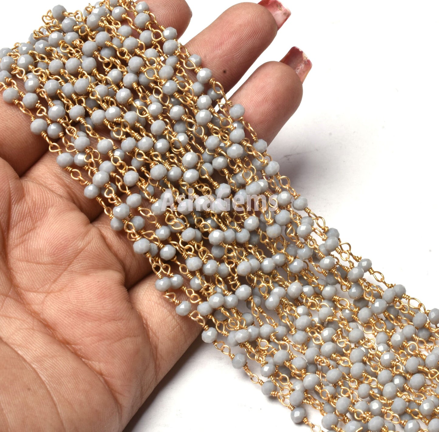 Grey Moonstone Hydro Beads Rosary Chain, Gold Plated Wire Wrap Jewelry Making Chain,3 mm Faceted Beads Chain Bulk Jewelry Making Craft SALE