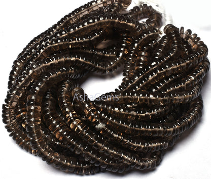 16" Strand Natural Smoky Quartz Smooth Heishi Tyre Shape Gemstone Beads, Fine Smoky Tyre Beads Plain Loose Beads For Jewelry Making Crafts