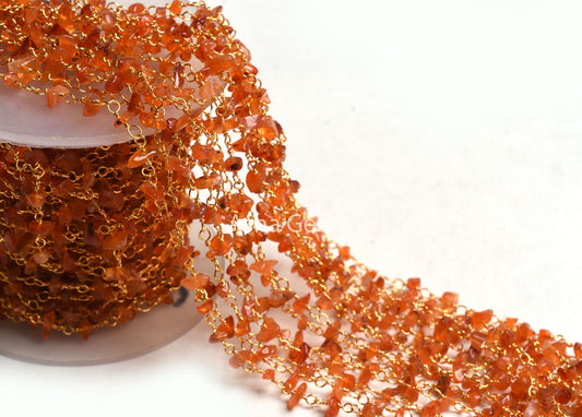 3,5,10 By Ft,Natural Carnelian Uncut Chips Rosary Beaded Chain,Orange Carnelian Nugget Beads Rosary Chain,Gold Plated Wire,Bulk Roll,Jewelry