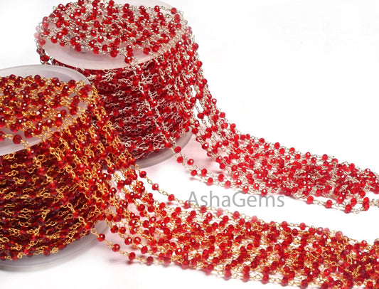 Fine Red Garnet Hydro Faceted Micro Cut Rondelle Beads Rosary Chain,3-3.5mm Silver Gold Plated Wire Wrap Jewelry Making Chain Rosary Crafts