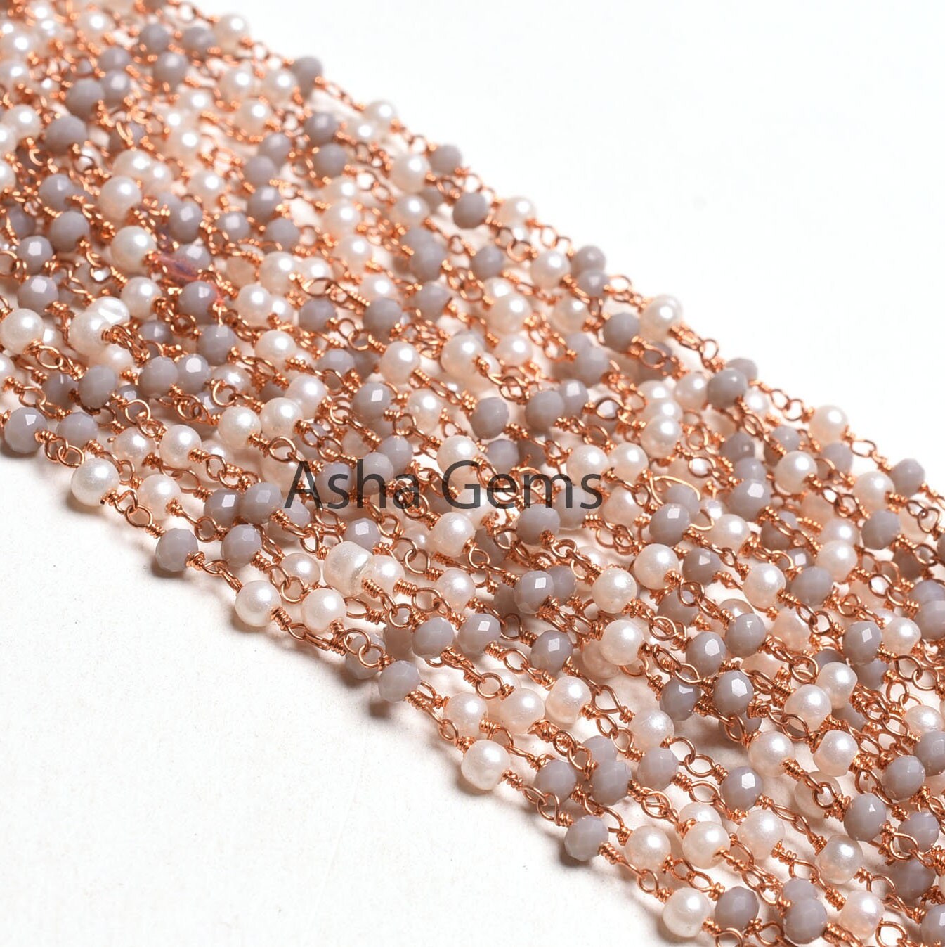 Rose Gold Plated White Pearl Grey Moonstone Hydro Beads Rosary Chain, Faceted Rondelle Beads Wire wrapped Bulk Rosary Chain, Jewelry Making