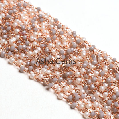 Rose Gold Plated White Pearl Grey Moonstone Hydro Beads Rosary Chain, Faceted Rondelle Beads Wire wrapped Bulk Rosary Chain, Jewelry Making